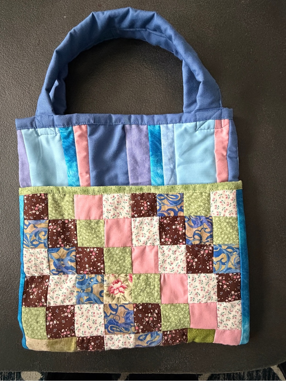Handmade Quilted Patchwork Tote Bag Blue Pink Floral Cottagecore Boho Pocket
